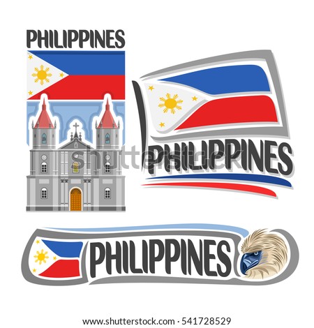 Vector logo Philippines, 3 isolated images: vertical banner molo church in iloilo on filipino national state flag, symbol of philippines head of philippine eagle, minimalistic pilipinas ensign flags.