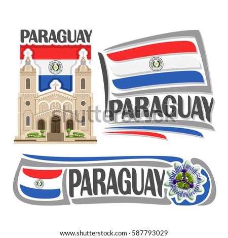 Vector logo Paraguay, 3 isolated images: Catedral Nuestra Senora in Encarnacion on national state Paraguayan Flag, architecture symbol of paraguayan republic, simple flag paraguay near passion flower.