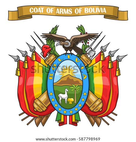 Vector illustration on theme Bolivian Coat of Arms, heraldic shield with national state flags and symbol of Bolivia - condor, on ribbon lettering coat of arms of bolivia, bolivian emblem heraldry.