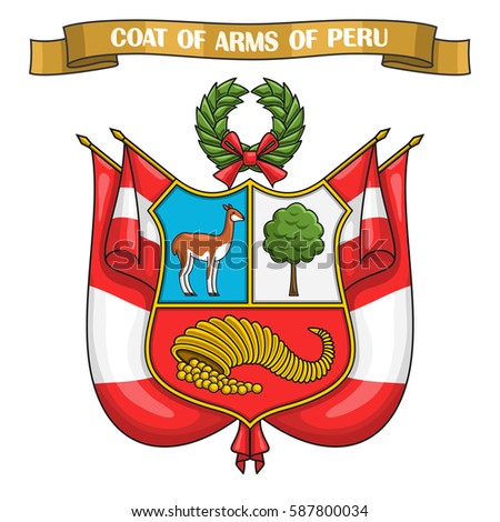 Vector illustration on theme Peruvian Coat of Arms, heraldic shield on national state flags - Emblem of Peru, on ribbon title text: coat of arms of peru, peruvian official heraldry, symbolic emblem.