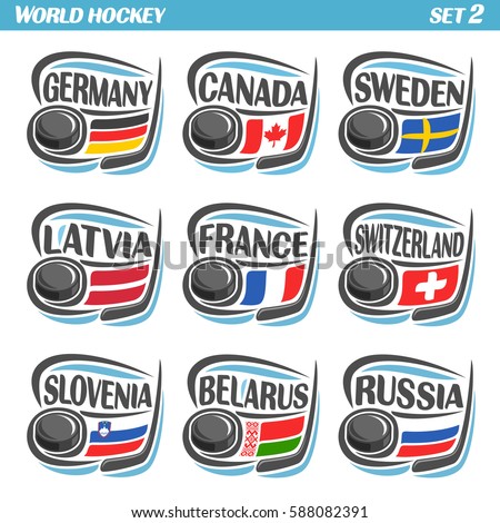 Vector set Flags of European Countries with Ice Hockey Puck: Logo national ice hockey Teams, Sport group countries of Europe, icons european flag, IIHF world team with puck, logo sport flags of europe