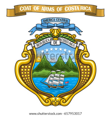 Vector illustration Costa Rican Coat of Arms, national state heraldic shield blazon - Emblem of Costa Rica, on ribbon title text: coat of arms of costa rica, official heraldry, symbolic crest emblem.