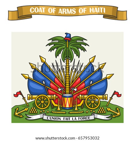 Vector illustration on theme Haitian Coat of Arms, heraldic shield on national state flags - Emblem of Haiti, on ribbon title text: coat of arms of haiti, haitian official heraldry, symbolic emblem.