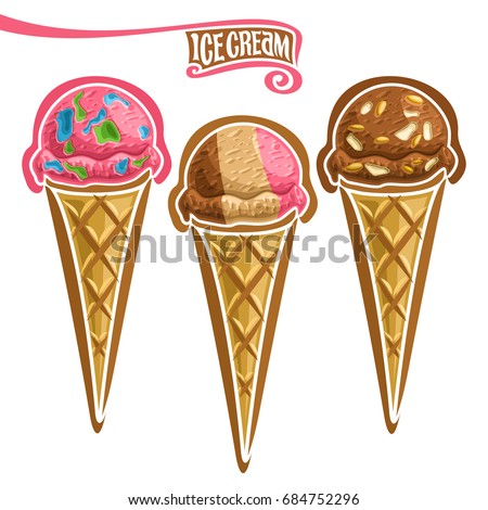 Vector set of Ice Cream in Waffle Cone: 3 wafer cones vibrant pink colors bubble gum ice cream, cold italian neapolitan gelato dessert, chocolate almond ice cream ball in waffle, rocky road with nuts.