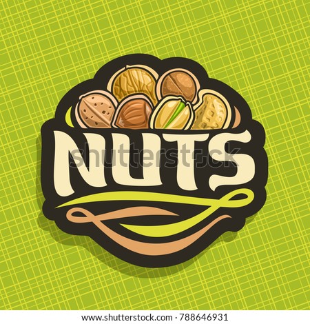 Vector logo for Nuts, cut sign with pile of healthy walnut, australian macadamia, sweet almond, forest hazelnut, cracked pistachio, peanut in nutshell, veg mix label with text nuts for vegan store.