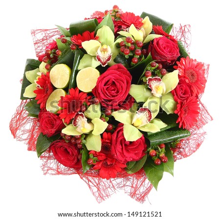 Floristic composition of red roses, red gerberas and orchids. Floral compositions, design a bouquet, floral arrangement.  Isolated on white background.