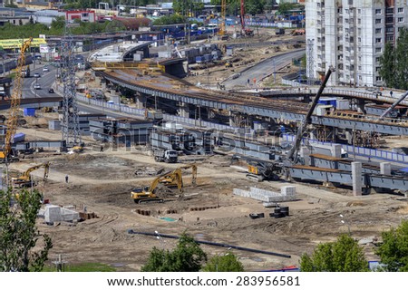 St. Petersburg, Russia - May 30, 2015: Top view of the construction of the viaduct interchange Pulkovo Highway and Dunaisky prospectus.