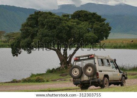Ngorongoro Conservation Area , Tanzania - February 13, 2008: African Safari off-road, traveling in Ngorongoro crater, jeep safari, four-wheel drive vehicle is stopped near  lake with large lone tree.