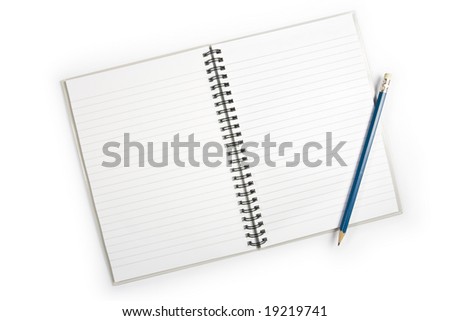 A double page spread of a lined notepad with a pencil lying down the right-hand side