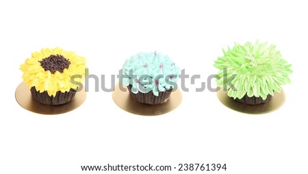 Blue Hydrangea, Green Chrysanthemum, and Yellow Sunflower Chocolate Cupcake isolated on white.