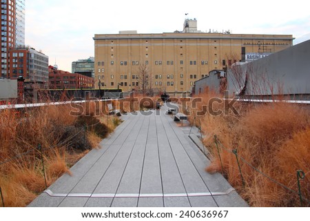 NEW YORK - DECEMBER 2013: The High Line Park, New York, December 25, 2013. The High Line is a popular linear park built on the elevated train tracks above Tenth Ave in New York City.