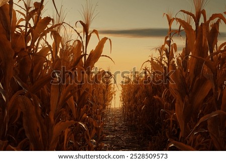 Image, Stock Photo Path between two corn fields in the evening sun