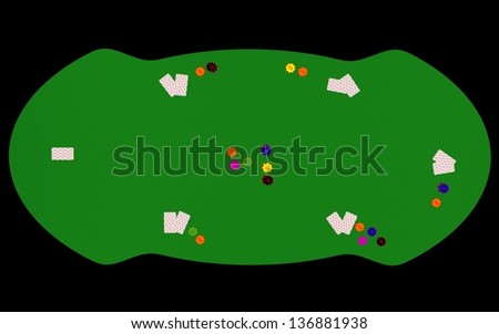 a plan view of cards gambling on a table isolated on black
