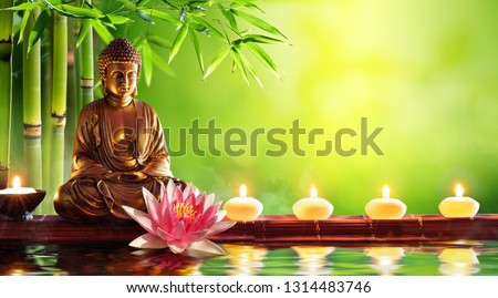 Image, Stock Photo Buddha sculpture on green nature and buddhist prayer flags