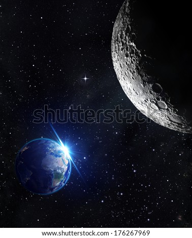 view from moon - sunrise of earth - Europe  - Elements of this image furnished by NASA