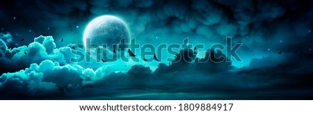 Halloween Night - Spooky Moon In Cloudy Sky With Bats - Contain 3d Illustration
 Photo stock © 
