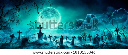 Graveyard At Night - Spooky Cemetery With Moon In Cloudy Sky And Bats - Contain 3d Illustration

