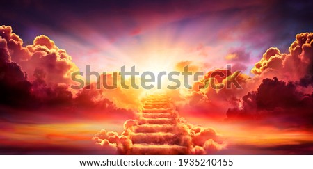 Stairway Leading Up To Sky At Sunrise - Resurrection And Entrance Of Heaven