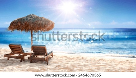 Similar – Image, Stock Photo two straw beach umbrellas on an empty seashore on a clear day