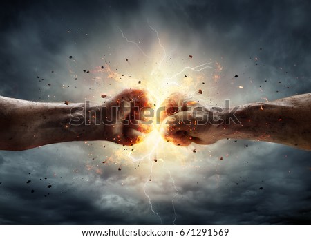 Two Fiery Fists In Impact With Stormy Sky In Background - Conflict Concept  Foto d'archivio © 
