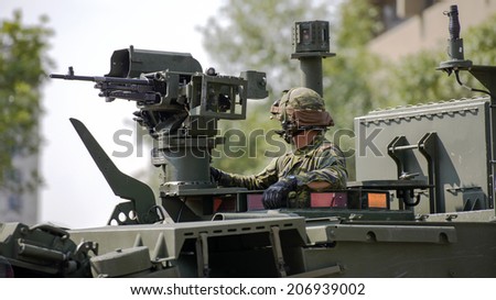 EDMONTON, AB, CANADA-July 18, 2014: A soldier in a Canadian Forces Armored Vehicle as seen in the K-Days Parade on July 18th, 2014.