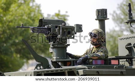 EDMONTON, AB, CANADA-July 18, 2014: A soldier in a Canadian Forces Armored Vehicle as seen in the K-Days Parade on July 18th, 2014.