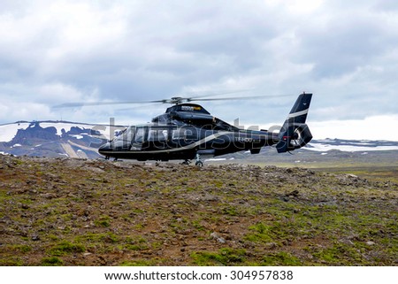 Thriknukagigur, Iceland, July 10, 2015. A Nordurflug helicopter that has just dropped off some pasengers at the thriknukagigur volcano for the Inside the Volcano tour in Iceland