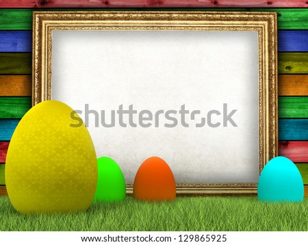 Easter eggs and blank sheet in picture frame