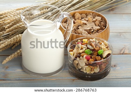 Granola with fruits and nuts and jug of milk
