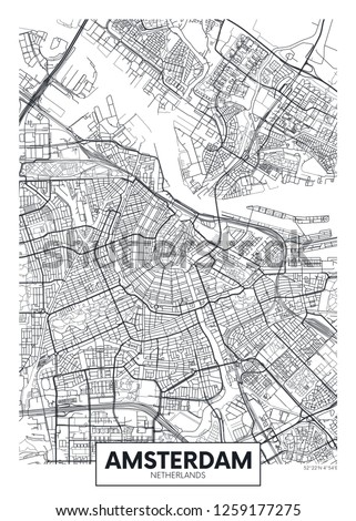 City map Amsterdam, travel vector poster design detailed plan of the city, rivers and streets