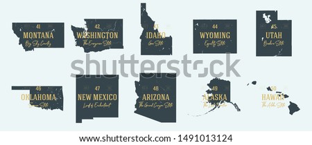 Set 5 of 5 Highly detailed vector silhouettes of USA state maps with names and territory nicknames