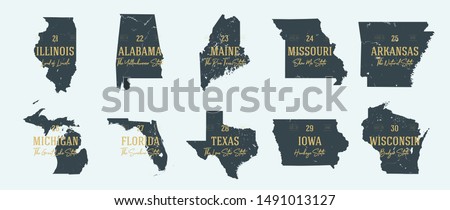 Set 3 of 5 Highly detailed vector silhouettes of USA state maps with names and territory nicknames