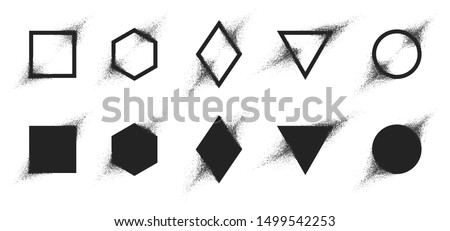 Vector set of geometric shapes with particle spray effect, Destruction of the figure turning into dust