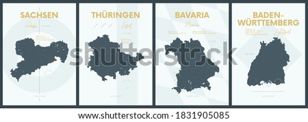 Vector posters with highly detailed silhouettes maps states of Germany - Sachsen, Thüringen, Bavaria, Baden-Württemberg - set 4 of 4