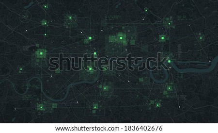 Futuristic technology and network connection concept, big smart city virtual database, digital visualization of big data on London map background, vector illustration