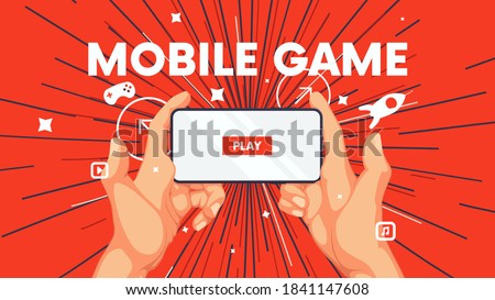 Business background with human hand and phone, playing video games on smartphone, mobile application vector concept marketing