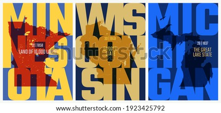 Vector posters states of the United States with a name, nickname, date admitted to the Union, The Great Lakes region, Minnesota, Wisconsin, Michigan, set 5 of 17