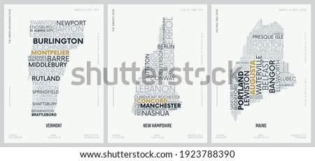 Typography composition of city names, silhouettes maps of the states of America, vector detailed posters, Division New England, Vermont, New Hampshire, Maine, set 1 of 17