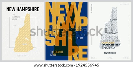 9 of 50 sets, US State Posters with name and Information in 3 Design Styles, Detailed vector art print New Hampshire map