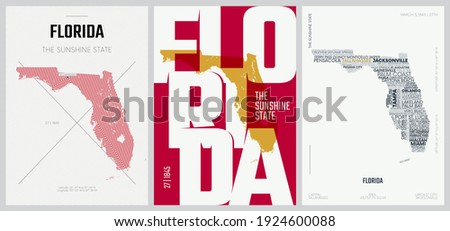 27 of 50 sets, US State Posters with name and Information in 3 Design Styles, Detailed vector art print Florida map