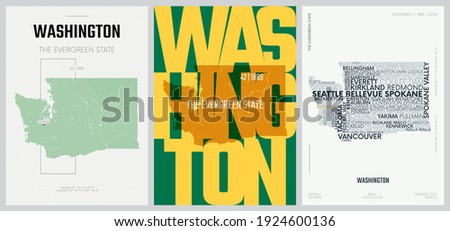 42 of 50 sets, US State Posters with name and Information in 3 Design Styles, Detailed vector art print Washington map