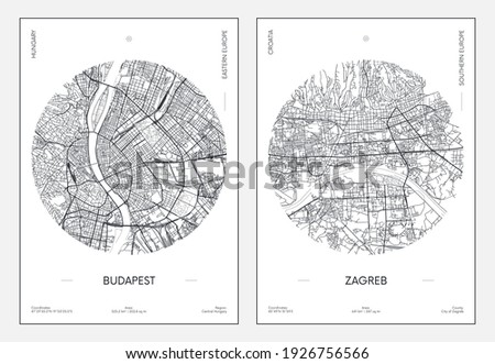 Travel poster, urban street plan city map Budapest and Zagreb, vector illustration