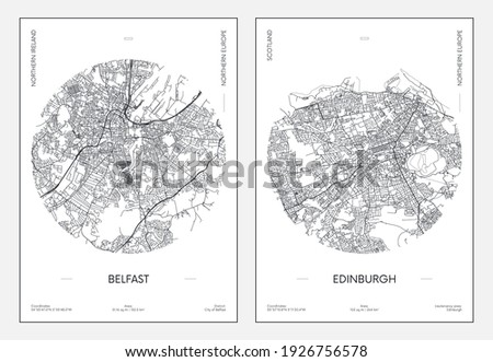 Travel poster, urban street plan city map Belfast and Edinburgh, vector illustration