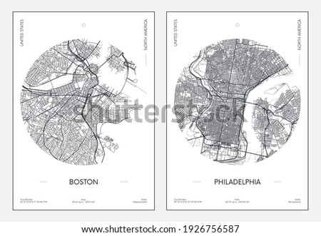 Travel poster, urban street plan city map Boston and Philadelphia, vector illustration