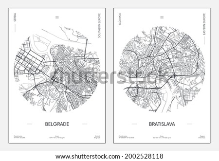 Travel poster, urban street plan city map Belgrade and Bratislava, vector illustration