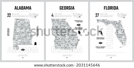 Highly detailed vector silhouettes of US state maps, Division United States into counties, political and geographic subdivisions, South Atlantic - Alabama, Georgia, Florida