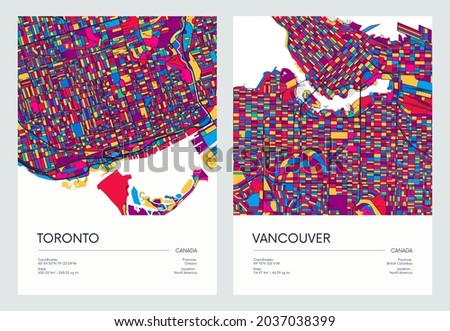 Color detailed road map, urban street plan city Toronto and Vancouver with colorful neighborhoods and districts, Travel vector poster