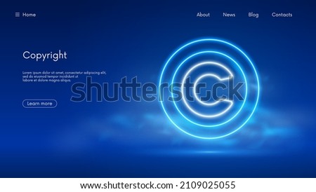 Copyright symbol, protection of intellectual property and rights, futuristic technology with blue neon glow in the smoke, vector business background