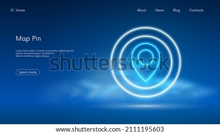 Location pin, GPS navigator geotag locator mark of map, futuristic technology with blue neon glow in the smoke, vector business background