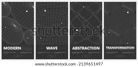 Сollection vector posters with strange wireframes of geometric shapes modern design inspired by brutalism, abstract 3d spheres and grids set 1